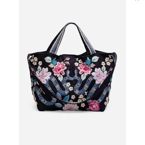 Johnny Was Black EDIE LINEN TOTE BAG NWT $255 Floral Embroidered Black Tote Bag